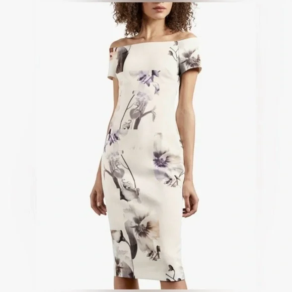 Ted Baker Sadie White Floral Off Shoulder Midi Pencil Dress - Picture 1 of 8